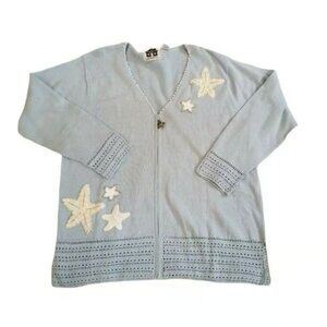 Vintage 90s Light Blue Cardigan Thin Full Zip Embellished Stars Nautical Sz L